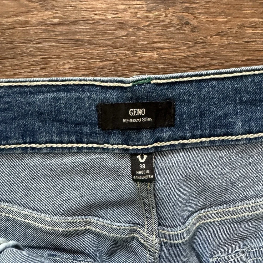NWT True Religion Geno SN Flap Slim Medium‎ Autumn Wash Blue Jeans Sz 38x32